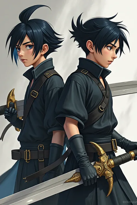 2 boy, with black hair, with a tail caught, only on the top of the head, The sides of the head have hair with a fade, Her clothes have a Final Fantasy 7 style., is thin, but high, a longsword with a moon on the handle, and some ninja style gloves
