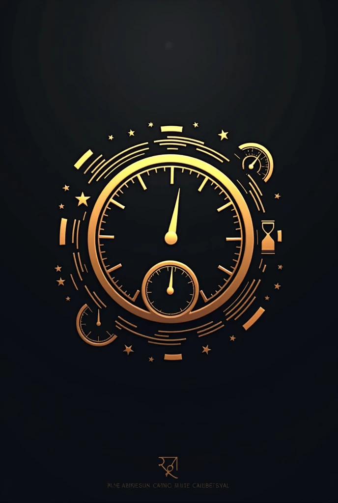 Create a logo for a music channel with time reference items and speedometer in black, white and gold