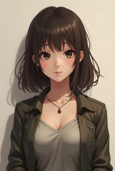 1teen age girl, solo, realistic, jewelry, necklace, lips, looking_at_viewer, brown_hair, black_eyes, mediem_hair, black_hair, portrait, head_tilt, closed_mouth, nose, jacket big boobs