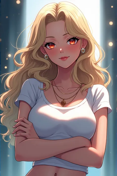 Screenshot of My hero academia: A very beautiful girl who seems to have the beauty of a divine Greek goddess, very beautiful, with beautiful blonde hair with soft blue highlights, wavy lengths, completely crimson mermaid red eyes, with makeup, lips pompous...