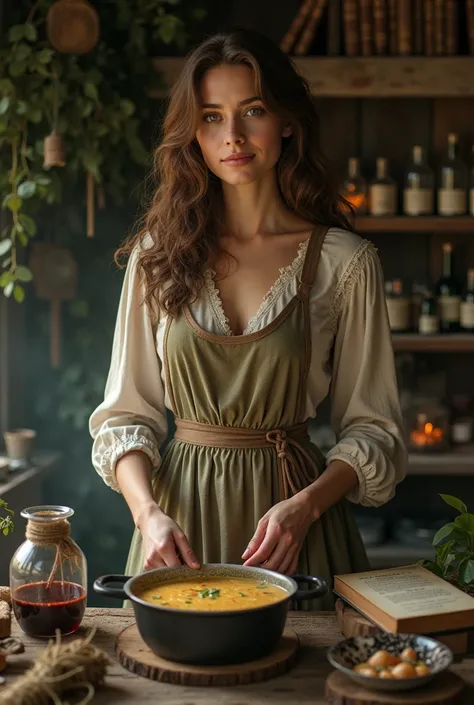 a beautiful and sweet witch woman with wavy brown hair, green eyes, cooking in an old looking cabin, full of potions and books with recipes, She is a witch with dark hair and a gentle and feminine appearance., looking at the camera smiling with a recipe bo...