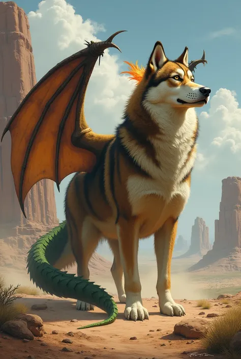 I would like a large brown Siberian husky with giant bat wings on its back, a green dragon tail, and ears that appear like flames. Its eyes are yellow. with the art in a fantasy and RPG style set in the Old West.