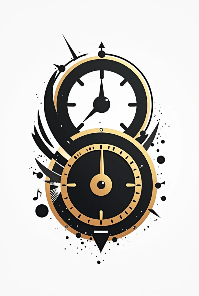 Create a logo for a music channel with time reference items and speedometer in black, white and gold