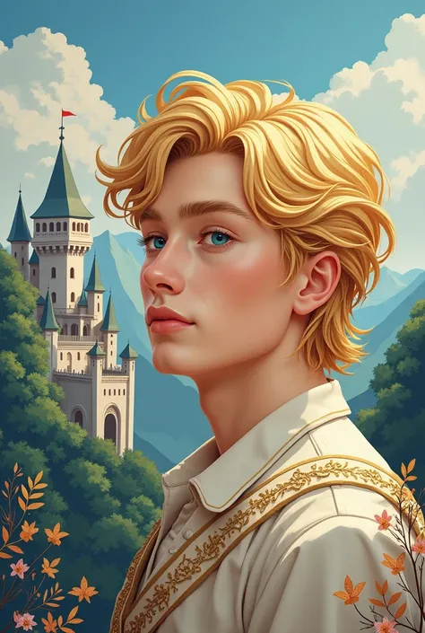 (masterpiece),(best quality), illustration, (fantasy:1.4), perfect male face, solo, cute detailed digital art, beautiful face, golden hair, castle, mountain, a young man, , paper_cut