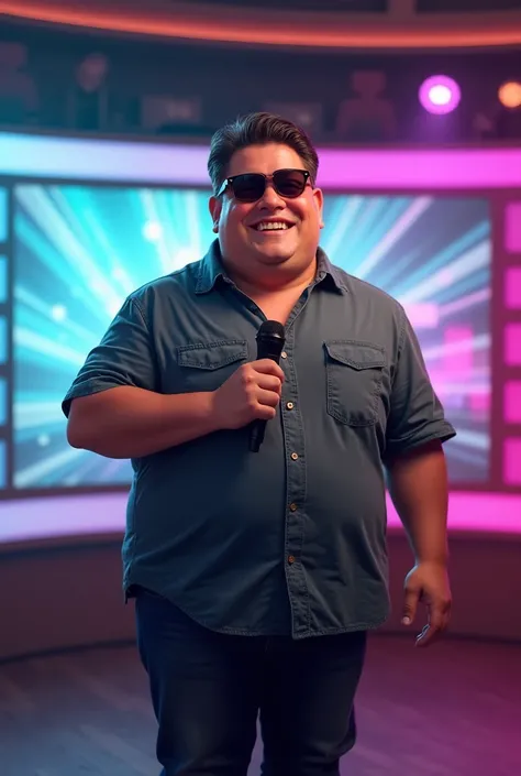 Generate an image of a middle-aged Brazilian TV host with a round face, dark hair, a slight double chin, and wearing dark sunglasses. He should be dressed in a casual shirt, standing with a microphone in hand. The background is a brightly lit TV studio wit...