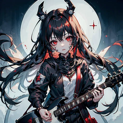 a girl with long red hair.small chest,wearing short black clothes,face painted white with black details with a magic guitar ,do ...