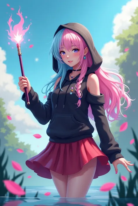 1 girl, (Rainbow hair, Colorful hair, half light blue and half pink hair: 1.2), , light blue_sky, Holding a magic wand, {{summer}} (season), petals_on_liquid, Black hooded sweatshirt, Red and black ripped dress, skirt: 1.2, (gold long curly hair: 1.5), sky...