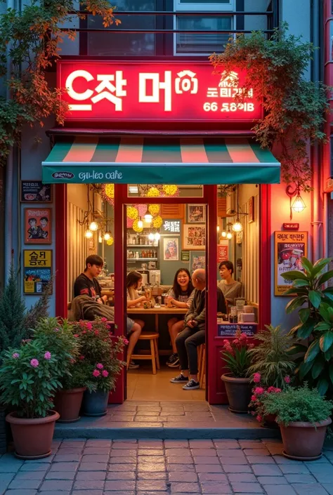 Cafeteria, Pop culture themed cafe, day, Quiet atmosphere, Korea, small windows, ciudad Koreana, entrance from the street, city facade. ultra real photo 