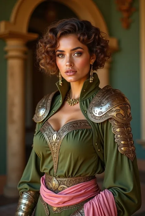 Female age 35, latin, orange eyes, curly brown blonde hair, short hair, Royal attire, olive green attire, metal armor shoulder pads with tiger claws, pink silk belt,, mansion background