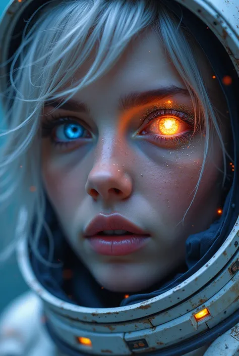 (Close-up of a better masterpiece: 1.5) 0.9], (Space and astronauts: 1.2) (Disheveled silver hair: 1.1) (Heterochromia xanthochromia and blue eyes: 1.2) (space helmet: 1.0) (colorful stars in the eyes: 1.0) (A radiant glow: 1.1) (thick lips: 0.9)