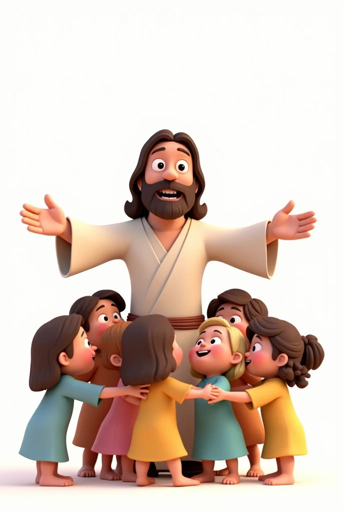 Illustrated Jesus Christ with open arms embracing children in cartoon, with happy children around you 3d cute, cute 3d rendering, Lovely Digital Painting, animated film, cute characters, cute cartoon characters, animated film, cute detailed digital art, an...