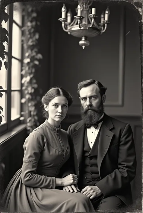 A 1878 black and white daguerreotype photo of a mature man with a beard and his thirty-year-old wife seated in an elegant Parisian restaurant. The man is wearing a suit, and the woman is wearing a dress with a high collar. The restaurant has a chandelier a...