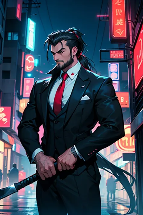 a man in a black suit and red tie holding a giant battle axe over his right shoulder with his long hair tied back in a ponytail and shaved on the sides over a night city with neon lights