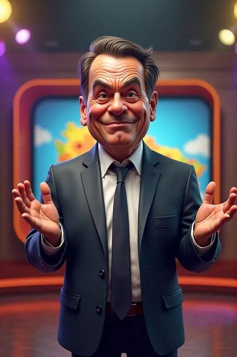 Generate an image of a satirical version of a Brazilian politician, resembling Jair Bolsonaro, but with exaggerated, comical features. He has a slightly disheveled appearance, with an over-the-top expression, wearing a suit that’s slightly too big. His fac...