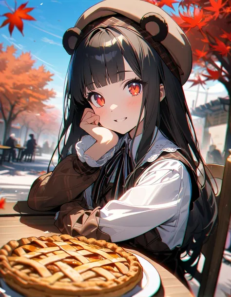 (8K, best quality, master piece: 1.2),super high resolution,1 cute girl,solo,15yo,ultra-detailed face,detailed eyes,red eyes,glowing eyes,black hair, long hair,blunt bangs,eyelash extension,brown argyle pattern lolita fashion with white triangular collar,l...