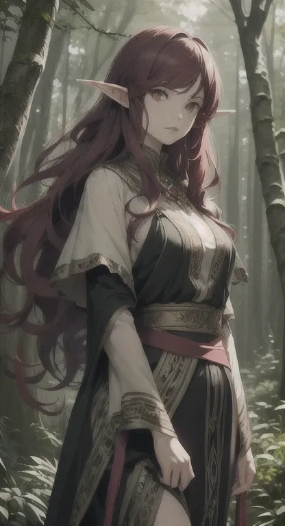 Young and sophisticated elf, very long tangled red hair, red eyes, forest spirit, model, forest guardian, forest armor, 