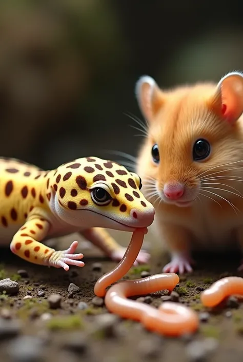 A leopard gecko eating teneprio larvae next to a curious Russian dwarf hamster 