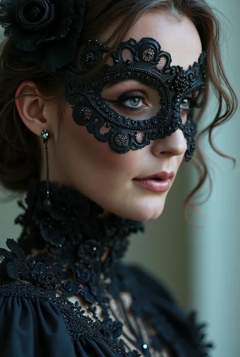 a close up of a person wearing a mask, dreamy gothic girl, elegant render, half body photo, mistress, photoshop render, ebony rococo, elegant girl, female spy, haunting beautiful young woman, super-hero girl, extravagant dress, beauty girl