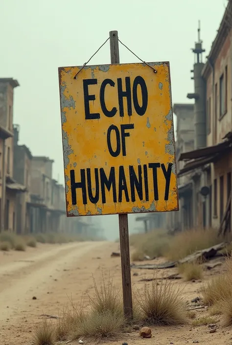 Create a written sign "Echo of Humanity", with a post apocalyptic world style