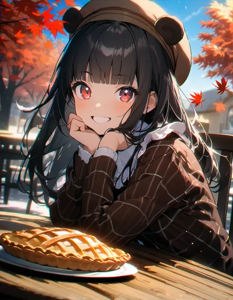 (8K, best quality, master piece: 1.2),super high resolution,1 cute girl,solo,15yo,ultra-detailed face,detailed eyes,red eyes,glowing eyes,black hair, long hair,blunt bangs,eyelash extension,brown argyle pattern lolita fashion with white triangular collar,l...