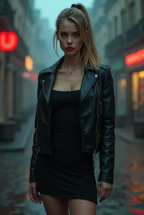 europe Unrealistic art style, nicely shaded picture of my fictional female character of young age, Name Anna Rakowska, mood serious, blonde brown straight long hair in a ponytail, beautiful blue eyes, red lips, black leather jacket, very tight black minidr...