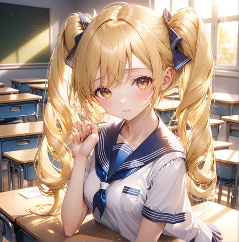 (Very detailed CG ユニティ 8k 壁紙,masterpiece of the highest quality, Very detailed),School classroom,tree々Sunlight shining through the gaps,Beautiful blonde high school girl with twin tails(D cup),Wearing a sailor uniform,In the evening.