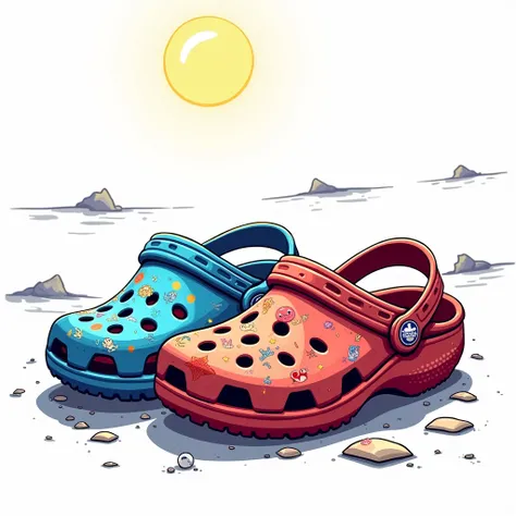 Worn, brightly colored Crocs, their signature holes aglow with a kaleidoscopic array of cartoon characters, dominate the foreground. Rendered in exaggerated proportions, the plastic foam gleams under a stylized, cartoon sun, casting jagged, almost geometri...