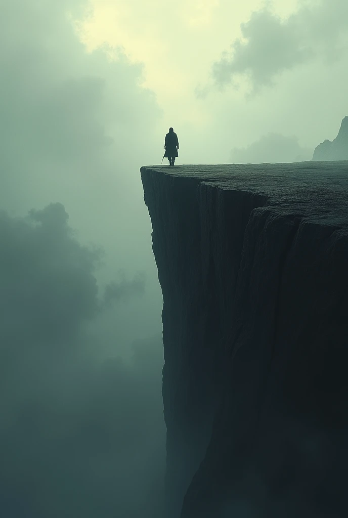 a character walks alone on the edge of a cliff,The sky is cloudy,reflecting the feeling of uncertainty 