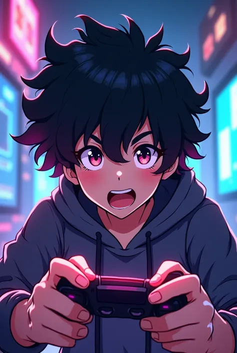  gamer anime curly black hair