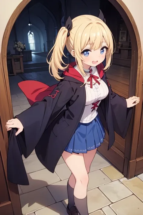 blonde hair,wizard,fine,kind,medium hair,black robe,red ribbon with robe,blue eye,junior high school girl,down-slanting eyes,cute,friendly,solo,full of energy,big smile,natural lighting,teenage,cute,kawaii,nomal  breasts,witch,atelier, skirt,big eyes,Cuten...