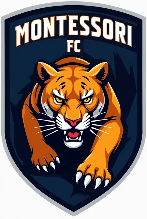 A crest for a college football team using orange and blue colors, with an orange jaguar and the name “Montessori FC”