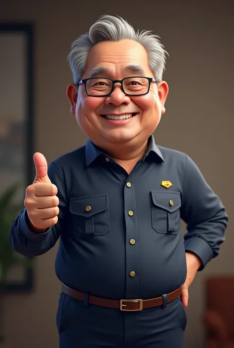 portrait of Indonesian senior male professor, a little fat, wearing navy blue uniform, without glasses, thumbs up,smiling confidently,modern office background, professional attire, 3 D caricature, highly detailed,4k resolution,realistic lighting,sharp focu...