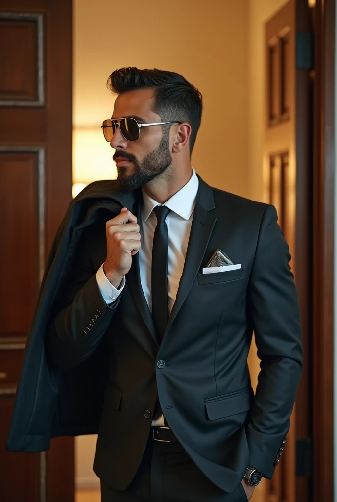 Elegant man, DISTANT PHOTO, suit and tie, short beard, formal wear, white shirt, fine style, sunglasses , Brazilian, charming , extremely well-groomed and well-dressed, flawless retro hair, charismatic aura, bright look, chocolate eyes and arms in casual m...