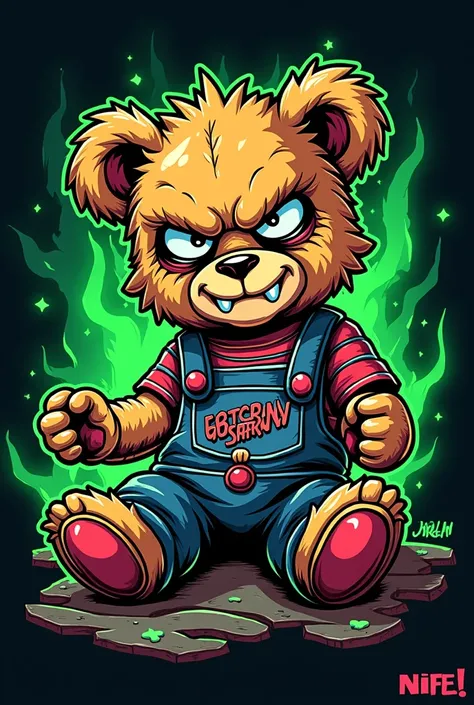 GENERATE A LOGO FOR AN URBAN T-SHIRT BRAND THAT IS MORE COLORFUL WITH A SIMPSONS-STYLE TEDDY BEAR IMAGE　rapper　A little bit of evil　homely　ha　accessories ALLUSION OF A CARICATURE OF RICK AND MORTY THAT HAS THE COLOR GREEN AND THE NAME ALSO ALLUDES TO GHOST...