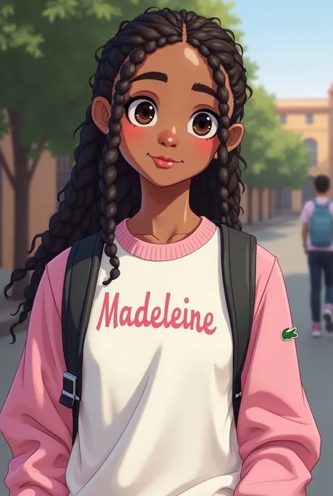 An 1 mixed-race teenage student, braided hair, qui porte un Lacoste rose blanc sur lequel est écrit Madeleine 