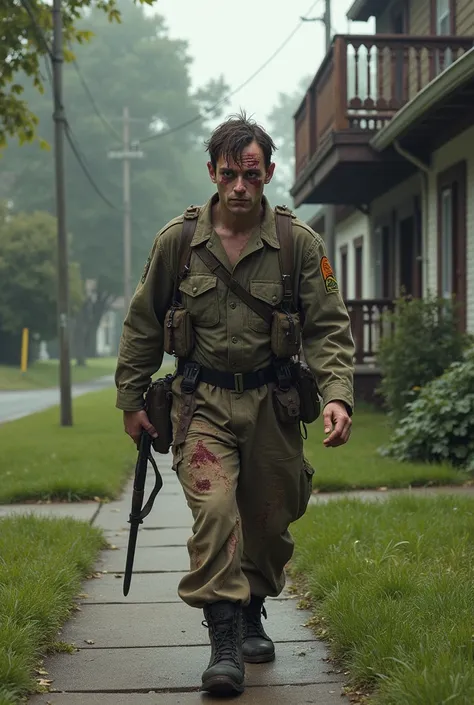 Wounded soldier, walking through a neighborhood, looks towards a balcony of a house