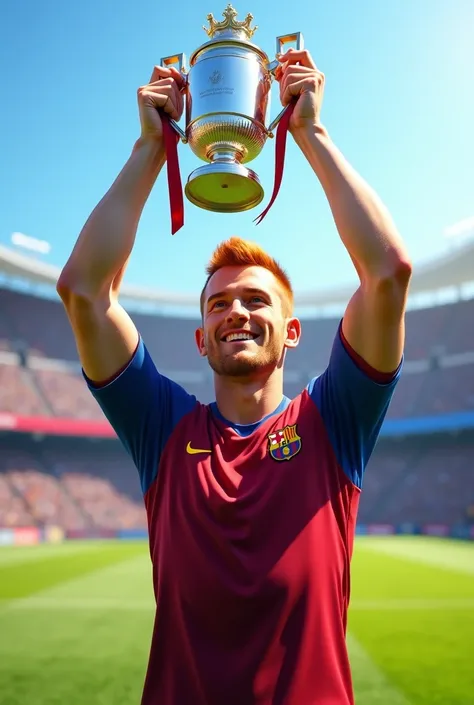 Man with short red hair, brown eyes and white skin and wearing a Barcelona shirt and lifting the FA Cup with his hands