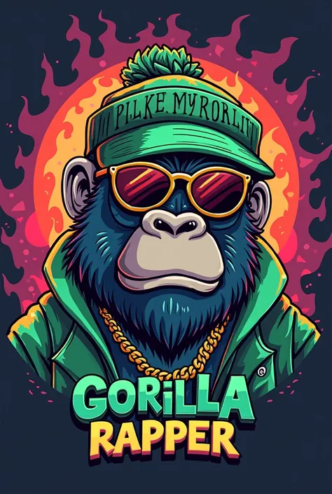 GENERATE A LOGO FOR AN URBAN T-SHIRT BRAND THAT IS MORE COLORFUL WITH A SIMPSONS-STYLE gorilla IMAGE　rapper　A little bit of evil　homely　ha　accessories ALLUSION OF A CARICATURE OF RICK AND MORTY THAT HAS THE COLOR GREEN AND THE NAME ALSO ALLUDES TO GHOSTS O...