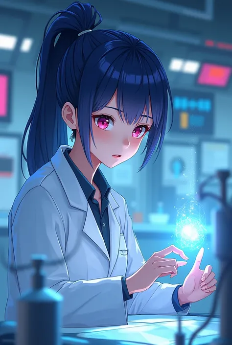 A young adult with dark blue hair, tied in a ponytail. She has pink eyes. Your profession is based on science and research. Der art style ist anime