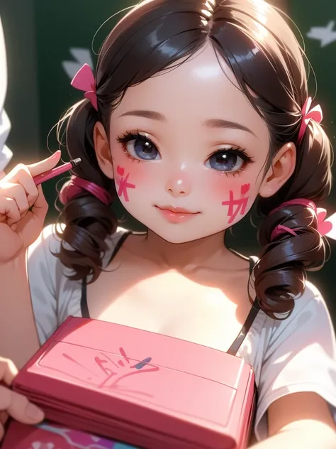 Photo album , Kindergarteners girl , (soft focus ,  Shallow focus , soft light ) , innocent action , innocent  smile , apply lipstick , (Graffiti on face:1.2) , (infant) , childish hair tie , lipstick