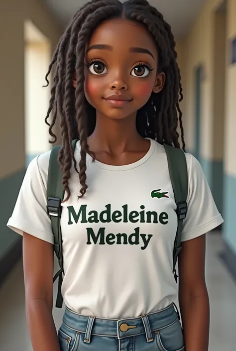 Une élève adolescente de 18 ans métisse de 65kg , qui porte un Lacoste sur lequel est écrit Madeleine Mendy