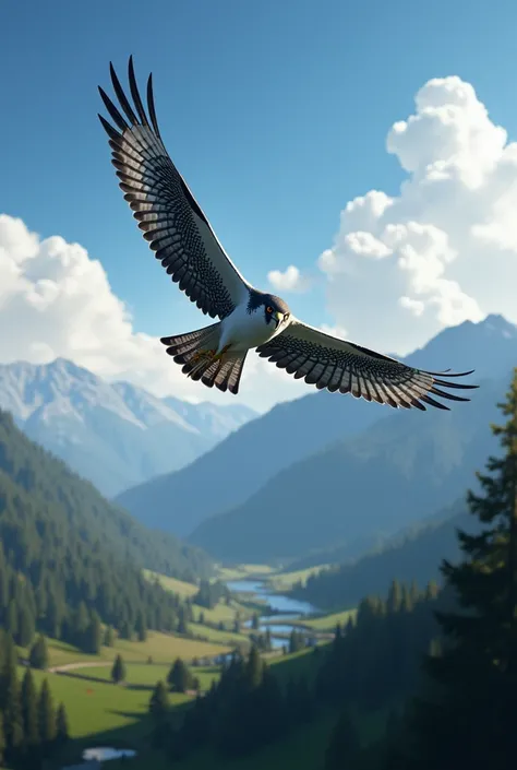 Peregrine falcon flying over a beautiful landscape 