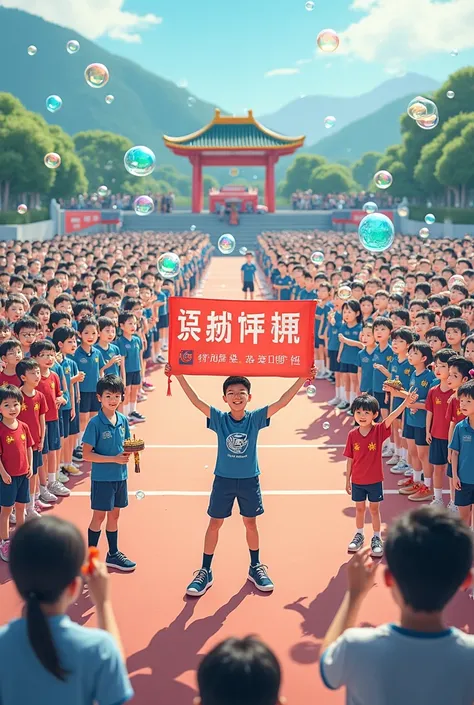 There is a first grade sports meeting，The first grade 12 class team，有50 people，显示50 people的方队，显示50 people，50 people，不要超过50 people。前头一个男生举brand，brand上写趵突泉，Below is the first grade twelve class。Four other stations，，Two children held up a banner，The slogan of...