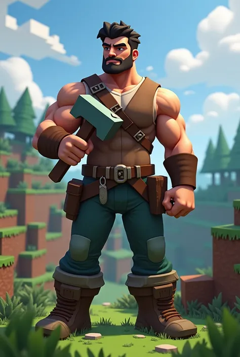  Steve Minecraft, muscular, building, hammer and shovel in hand