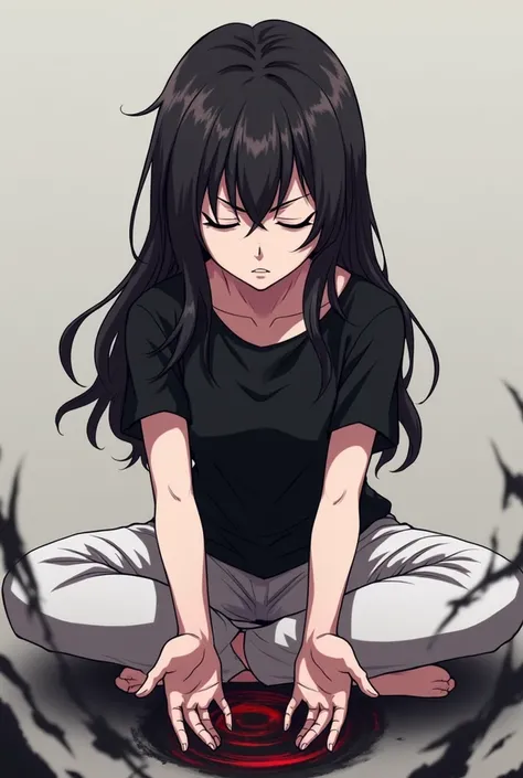 Akeno Himejima concentrated creating black rays in her palms, sitting with her legs crossed.
He is wearing a black t-shirt and white pants..
His eyes are closed and his face shows the effort he is making..
Her hands would be forming a circle in front of he...