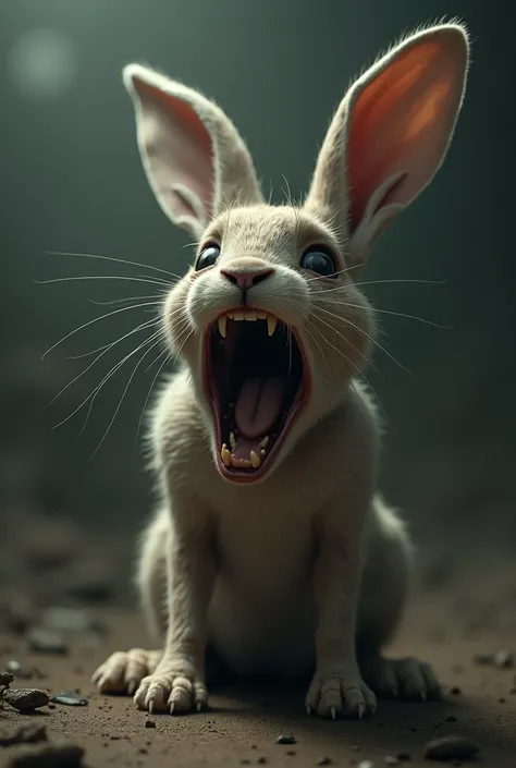 A rabbit opening its mouth waiting to eat super super sad 100000000000000000000x 