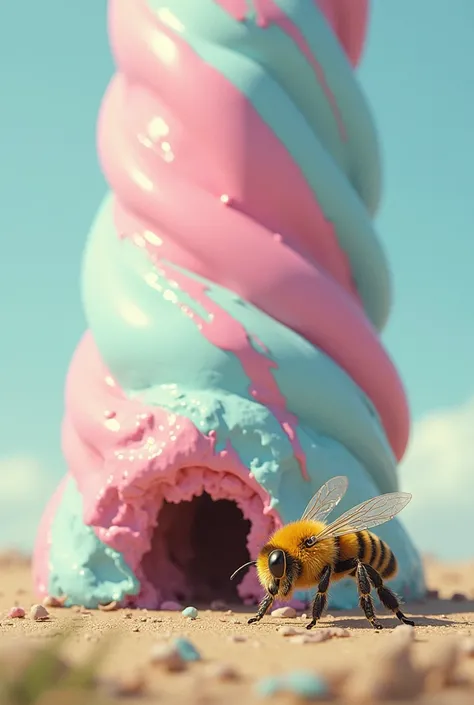 Bee on the ground crying in fear that it is going to be crushed to death by a pink and light blue ice cream 