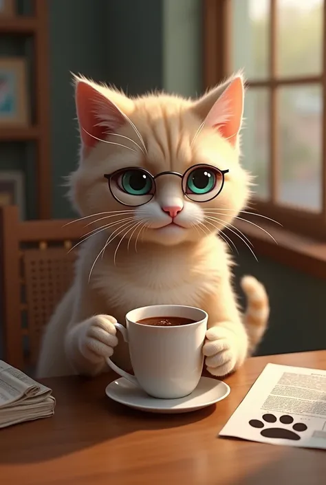 create a cat drinking coffee sitting at a table
