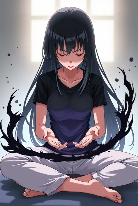 Akeno Himejima concentrated creating black rays in her palms, sitting with her legs crossed.
He is wearing a black t-shirt and white pants..
His eyes are closed and his face shows the effort he is making..
Her hands would be forming a circle in front of he...