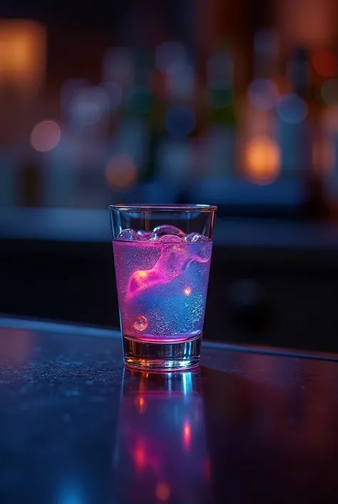 A shot glass that is cool, on the bar counter with bright colored moving liquid. The background should be blurred and look like it&#39;s night time